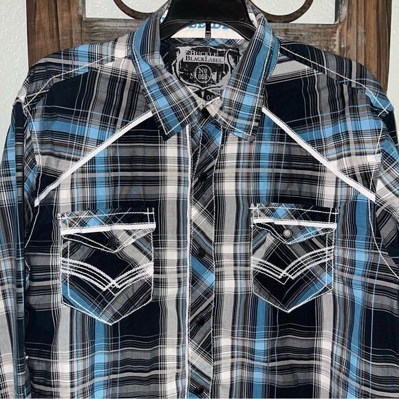 Buckle Black Blue Plaid Long Sleeve Snap DowLarge Men’s - Picture 7 of 16